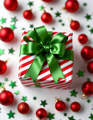 Christmas Gift Box with Striped Paper and Green Ribbon