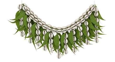 Elegant arrangement of seashells and green foliage showcasing natural aesthetics with a unique