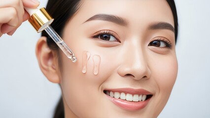 Close up portrait of beautiful asian woman holding pipette of cosmetic serum Concept of skincare cosmetics freshness facial treatment wellness and healthy lifestyle