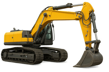 Fototapeta premium Yellow excavator with crawler tracks and digging bucket, heavy construction machinery on transparent background