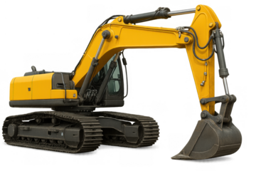 Yellow excavator with crawler tracks and digging bucket, heavy construction machinery on transparent background