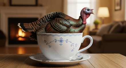 Whimsical Thanksgiving depiction turkey perched inside teacup with cozy living room backdrop