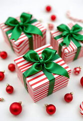 Present Boxes Red and White with Green Satin Ribbon Bows