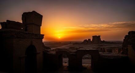 Ancient ruins at sunrise evoke a sense of history and the passage of time in the desert landscape