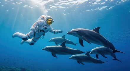 Surreal underwater encounter astronaut swimming with pod of dolphins in blue ocean exploring