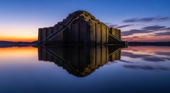 Dramatic reflection of the Ziggurat of Ur at dusk showcases architectural legacy