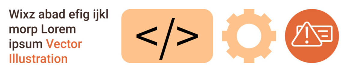 Web development, coding practices, system security, troubleshooting, engineering processes, debugging. Coding symbol with a warning sign and gear icon. Web development and system security concepts
