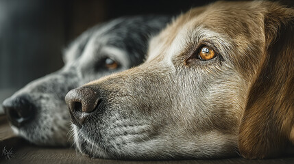 Two dogs resting indoors with soft natural window light highlighting their detailed fur and expressive eyes, creating calm and peaceful atmosphere