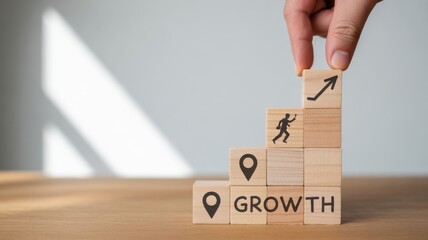 Building Towards Success: A symbolic representation of upward mobility and business growth, a hand places the final block on a staircase, signifying the culmination of effort and progress.