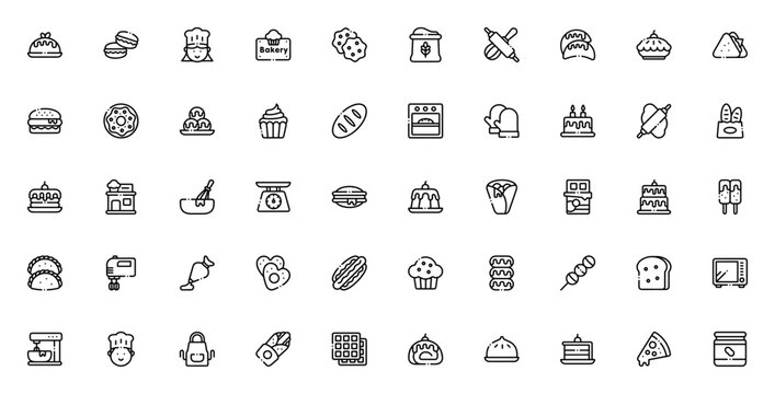 Bakery icon set. Vector illustration. Includes symbos for bread, cake, pastry,oven, mixer, cupcake, donu, biscuit and more. Editabe stroke.