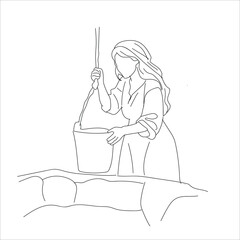woman fetching water from the well.