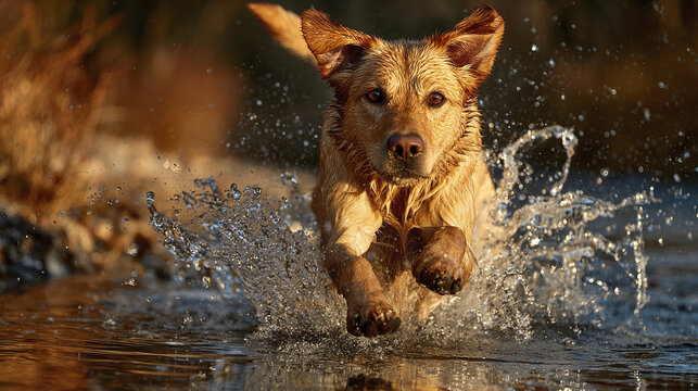Wet dog sprinting across river surface with warm sunlight highlighting splashing water droplets and energetic motion in natural outdoor setting