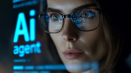 Woman analyzing futuristic AI data interface