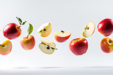 Floating Fresh Apples and Slices on White Background