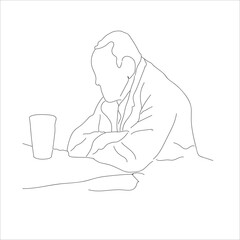 man daydreaming while drinking. line art. drunk man sits lovingly clutching a bottle of alcohol.