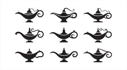Silhouette collection of classic magic lamps with curved handles and elegant spouts for storytelling and themed graphics