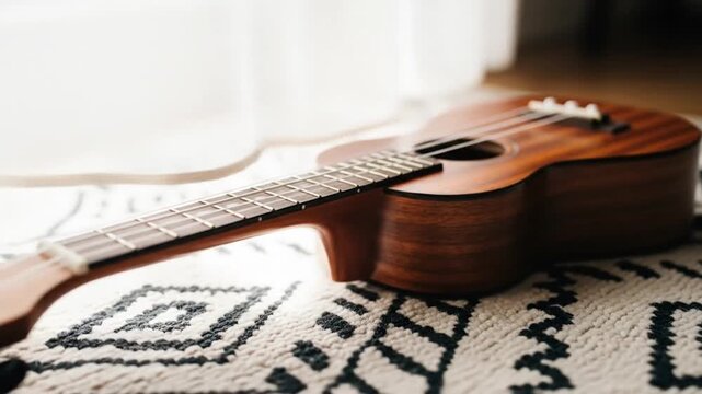 ukulele resting on a patterned rug near a window