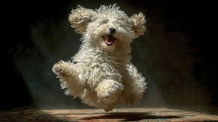 White fluffy dog jumping joyfully with curly fur and happy expression in dark background with soft light highlighting its energetic movement