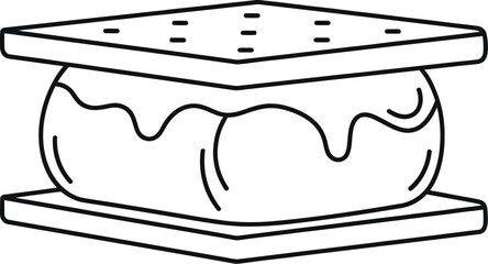 A simple line drawing depicts a classic s more with melted marshmallow