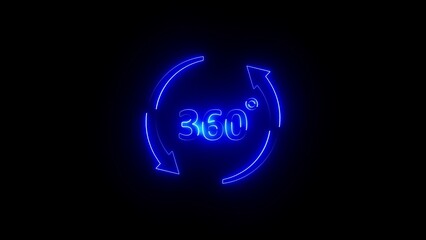 Blue neon 360 degree rotation symbol with arrows on black background degrees circular