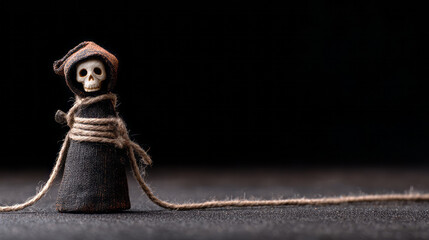 Creepy grim reaper figure representing death stands alone in dark. This scary halloween skull wrapped in rope creates an ominous black scene