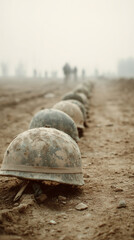 Somber row of military helmets on muddy battlefield symbolizes memorial and sacrifice of soldier during war in hazy, desolate warzone