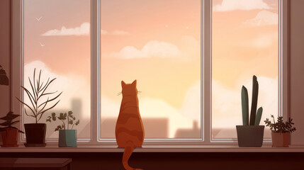 Lofi cartoon cat at window watching calm and peaceful sunset cityscape. Cozy indoor scene with contemplative, thoughtful animal