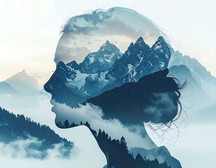 Double exposure portrait of a woman with a mountain landscape.