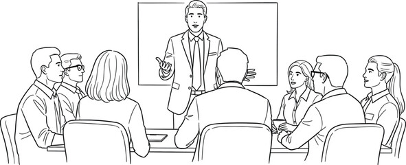 A black and white line drawing depicts a group of people sitting in chairs, facing a presenter who stands in front of a whiteboard. The presenter is gesturing, suggesting they are in the middle man