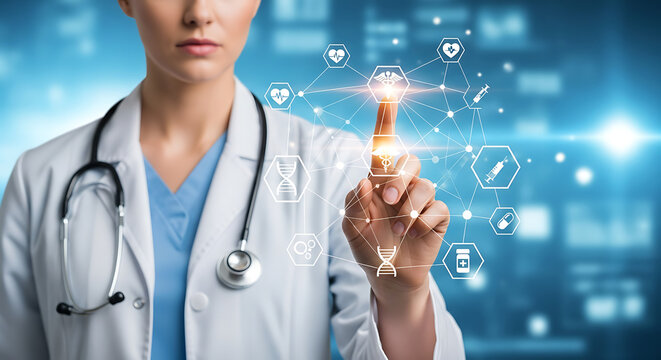 Doctor interacting with futuristic digital medical interface