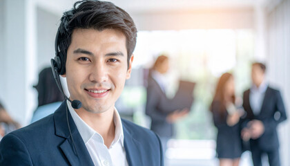 Friendly Asian man call center agent smiling with headset in modern business office. Professional customer service representative at work