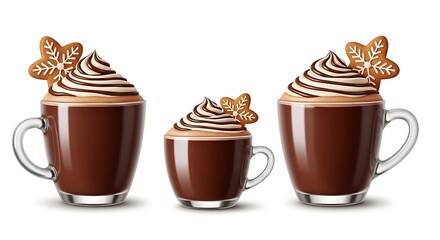 Three cups of hot chocolate with whipped cream and cookies