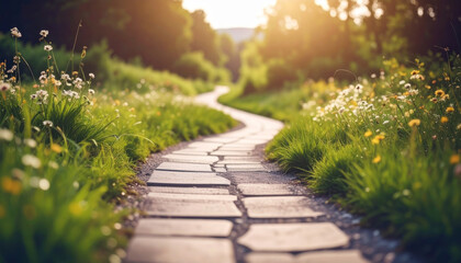 Inspiring stone path leads through beautiful sunlit garden, tranquil way forward to future destination with hope and peaceful background