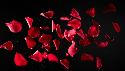Romantic red rose petal falling on dark black background. beautiful flower concept symbolizing love, romance, and dramatic passion