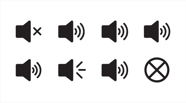 Minimal speaker icon collection showing different audio states for digital platforms, UI elements, and apps