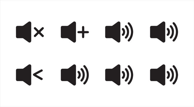 Collection of audio control icons featuring mute, increase, decrease, and volume levels for UI and app design