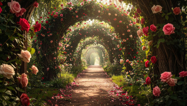 Romantic, beautiful rose garden path with floral arches creating magical fantasy tunnel. Sunlight streams through green foliage and flowers