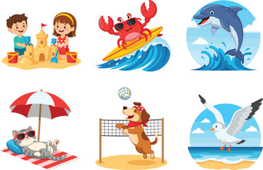 Beach cartoon scenes with kids, animals, surfing, volleyball, sandcastle, and summer fun