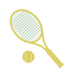 A simple yellow illustration of a tennis racket and ball on a white background.