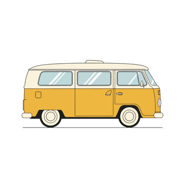 A vintage yellow and white Volkswagen Type 2 camper van, a classic vehicle for travel and leisure.