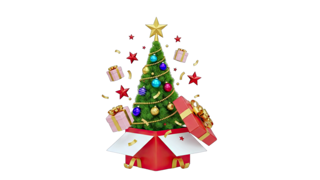 Festive Christmas Tree Emerging From Open Gift Box Surrounded By Confetti And Presents Isolated On Black Background With Transparent Background