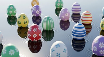 Vibrant easter eggs afloat a calm body of water displaying reflective surface effects
