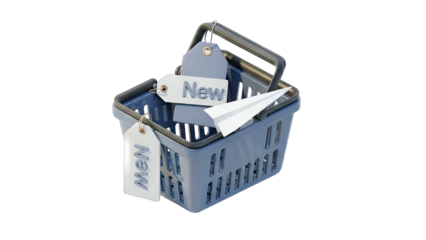 Gray Shopping Basket with 'New' Tags and White Paper Airplane Inside on Transparent Background Rendered in 3D
