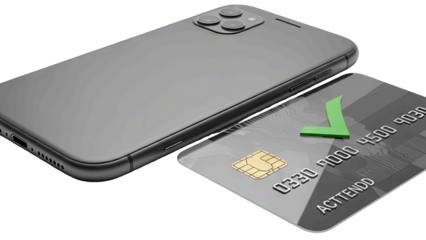 Gray Smartphone and Silver Credit Card with Green Check Mark Isolated on Transparent Background Representing Secure Payment or Approved Transaction