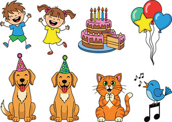 Cartoon Birthday Party Set with Kids, Cake, Balloons, Dogs, Cat, and Singing Bird