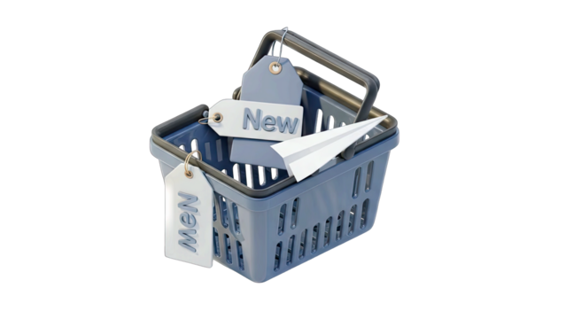 Gray Shopping Basket with 'New' Tags and White Paper Airplane Inside on Transparent Background Rendered in 3D