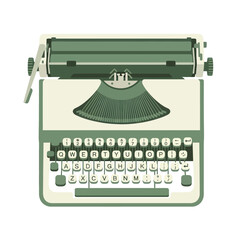 Vintage green and cream manual typewriter with visible QWERTY keyboard from a top-down perspective.