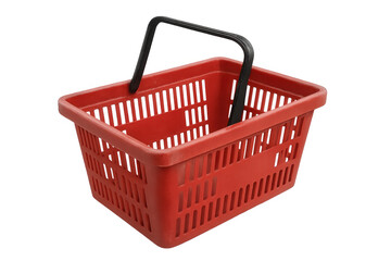 Red plastic shopping basket on transparent background representing retail, consumerism, and grocery store purchases