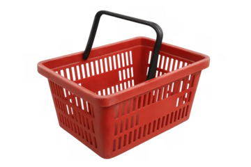 Red plastic shopping basket on transparent background representing retail, consumerism, and grocery store purchases