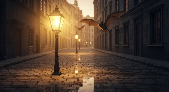 Urban street scene with antique streetlamps and bats silhouetted against twilight sky